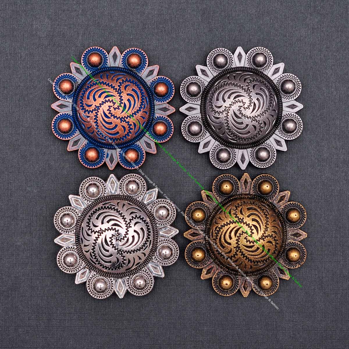 6PC 43MM Brass Flower Berry Engraved Western Horse Saddle Tack Bridle Headstall Concho Leathercraft Belt Chicago Screw