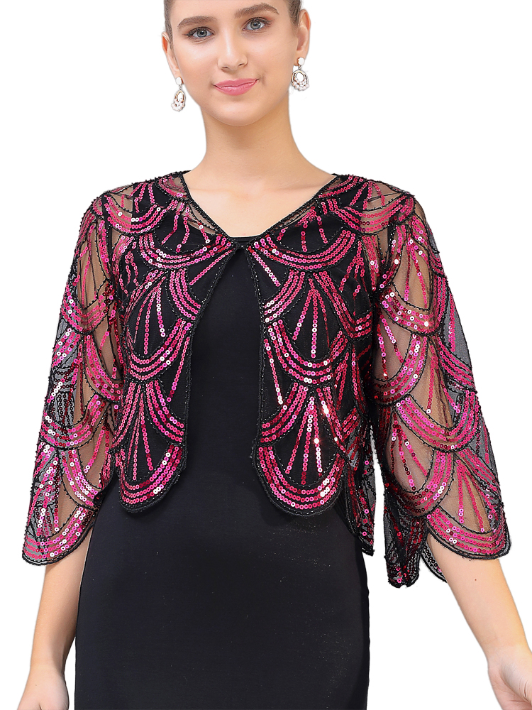1920s Sequin Shawl Wraps Gatsby Beaded Evening Cape Bridal Bolero Shrug Vintage V-neck Midi Sleeve See-through 20s Party Shawl