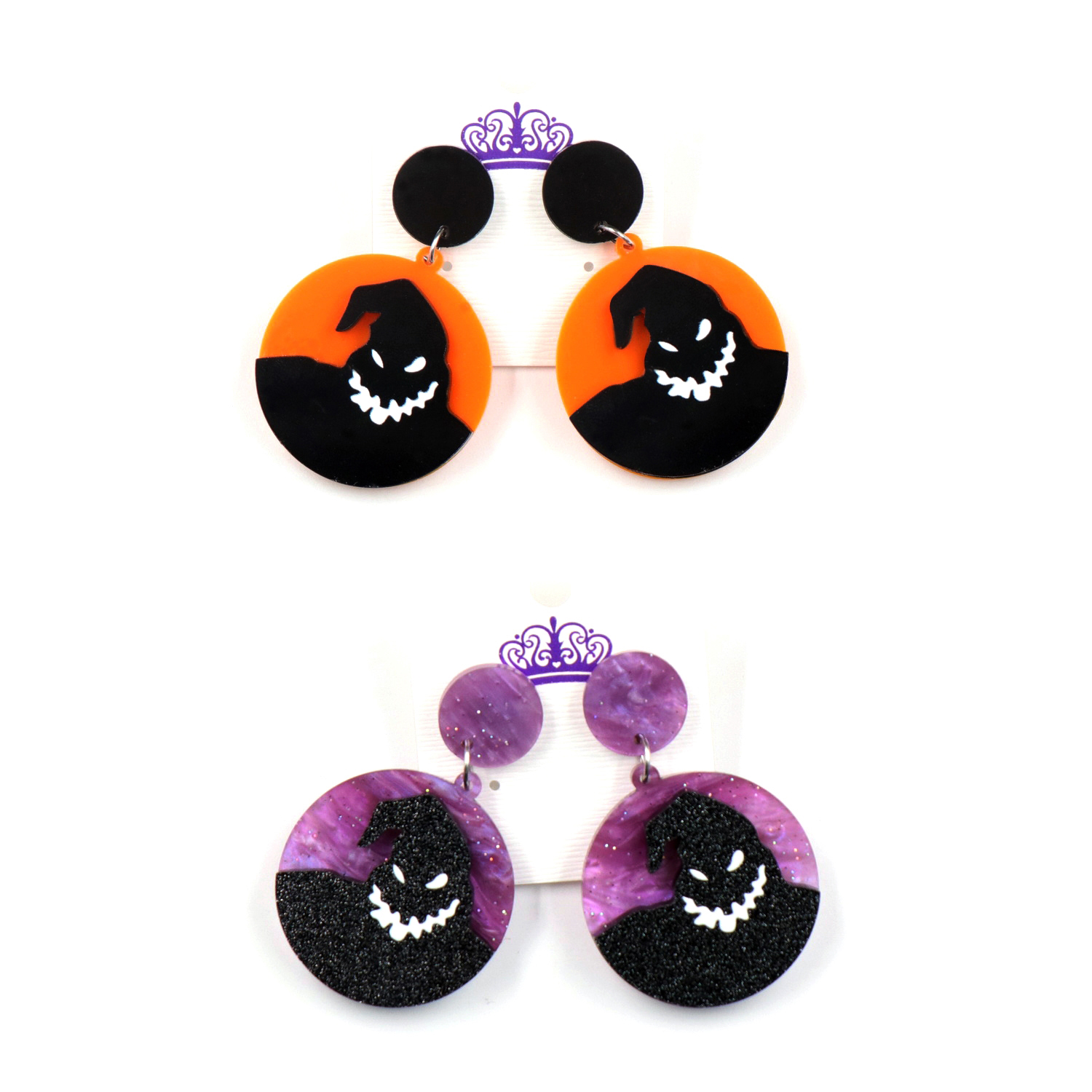 ER1096-35mm Nightmare Before Christmas Earrings Boogie Man Galaxy Purple Glitter Acrylic Dangle