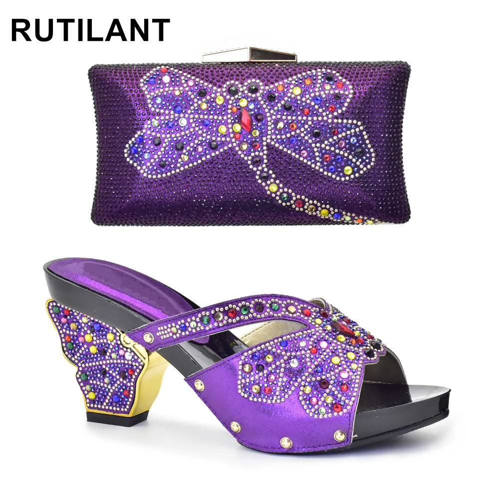 Purple Color African Matching Shoes and Bags Italian In Women Italian Shoes and Bags To Match Shoes with Bag Set with Rhinestone