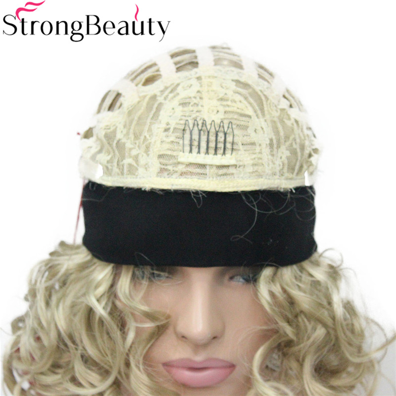 StrongBeauty Short Curly Synthetic Wigs with Headband Women Blue/Gray/Black/Red/Blonde/Brown Wigs 3/4 Half Wig for Lady