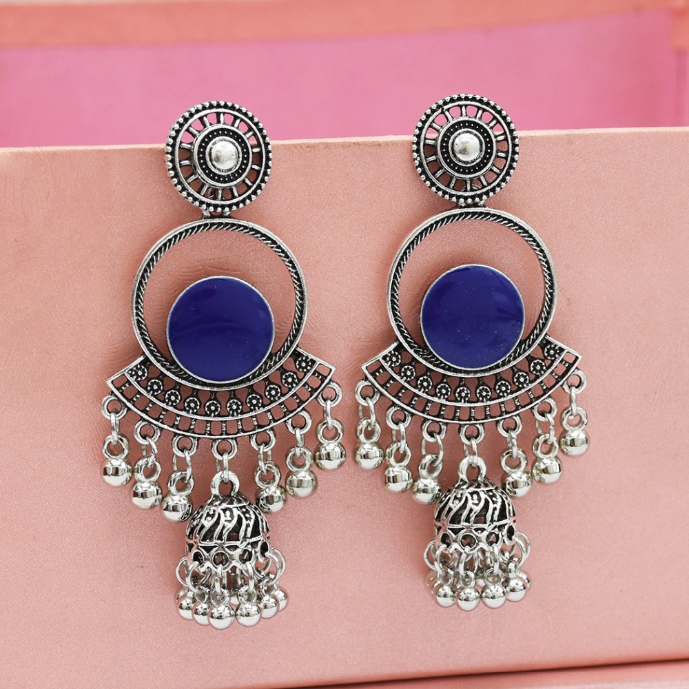 New Ins Indian Jhumka Earring Beads Blue Enamel Flower Thailand Piercing Earrings Turkish Tribal Afghan Party Jewelry Bijoux