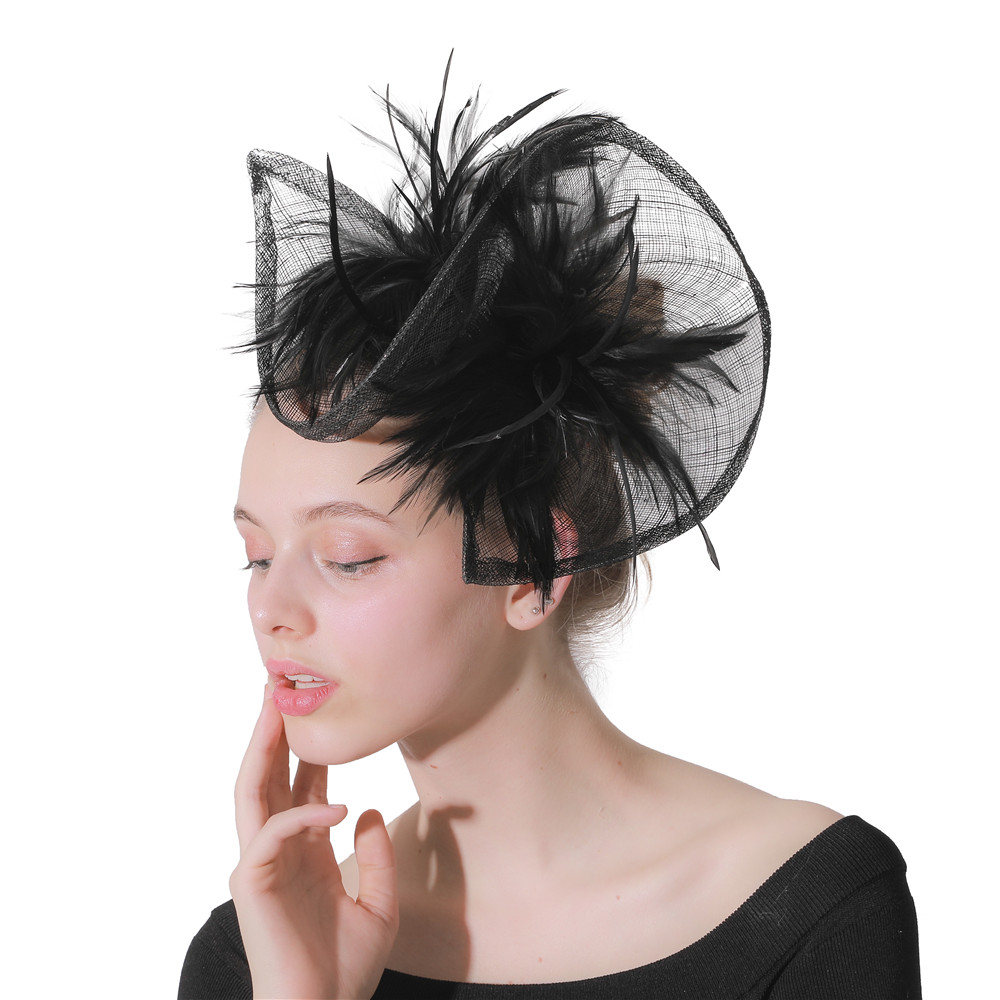 Lady Vintage Black Fascinators Hat Solid Linen Fedora Cap Feather Flower Headwear For Ladies Wedding Hoop Women Hair Accessories