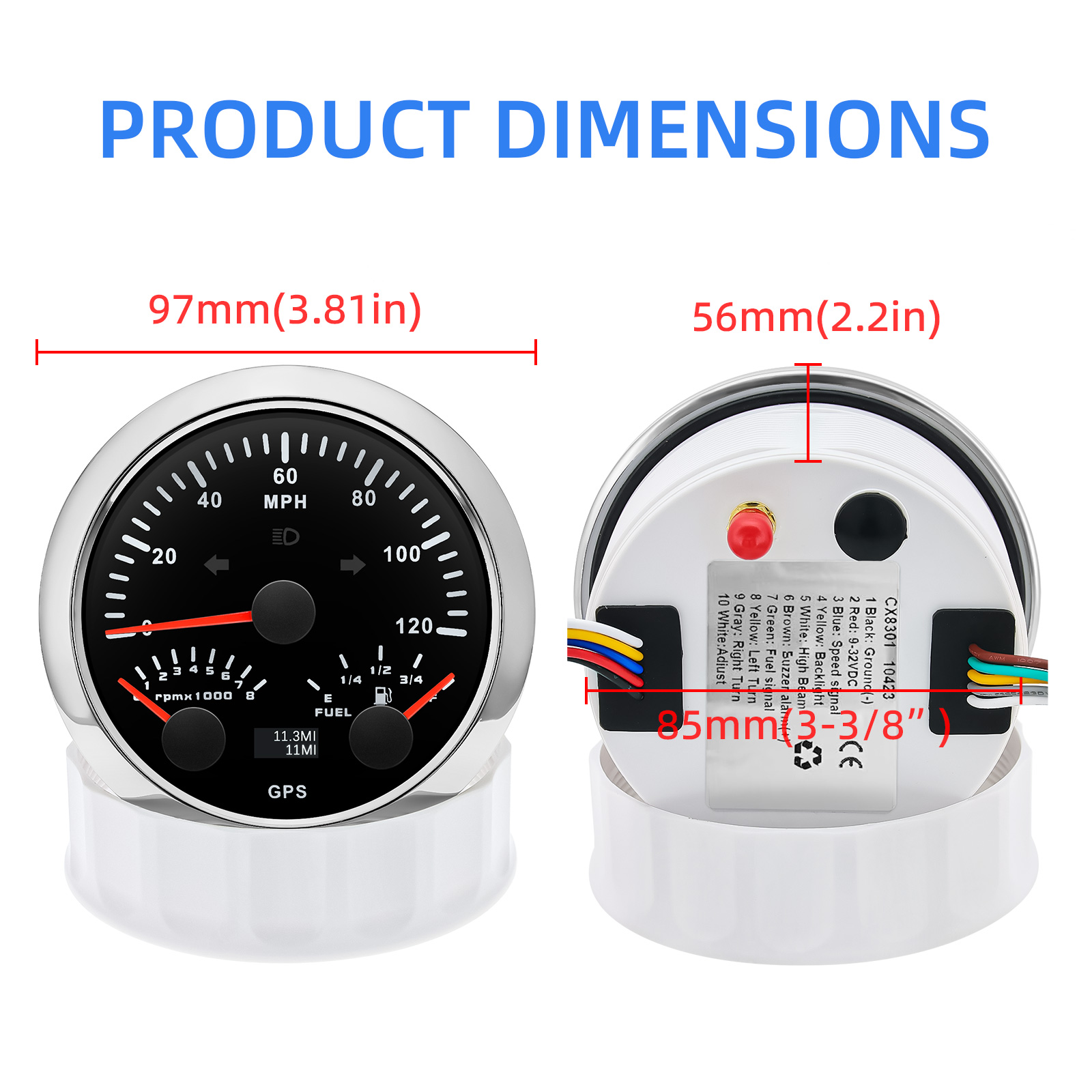 0~120 MPH GPS Speedometer+8000 RPM Tachometer+Fuel Level Gauge 7 Color Light 85mm Gauge with Turn Light for Boat Car 12V 24V
