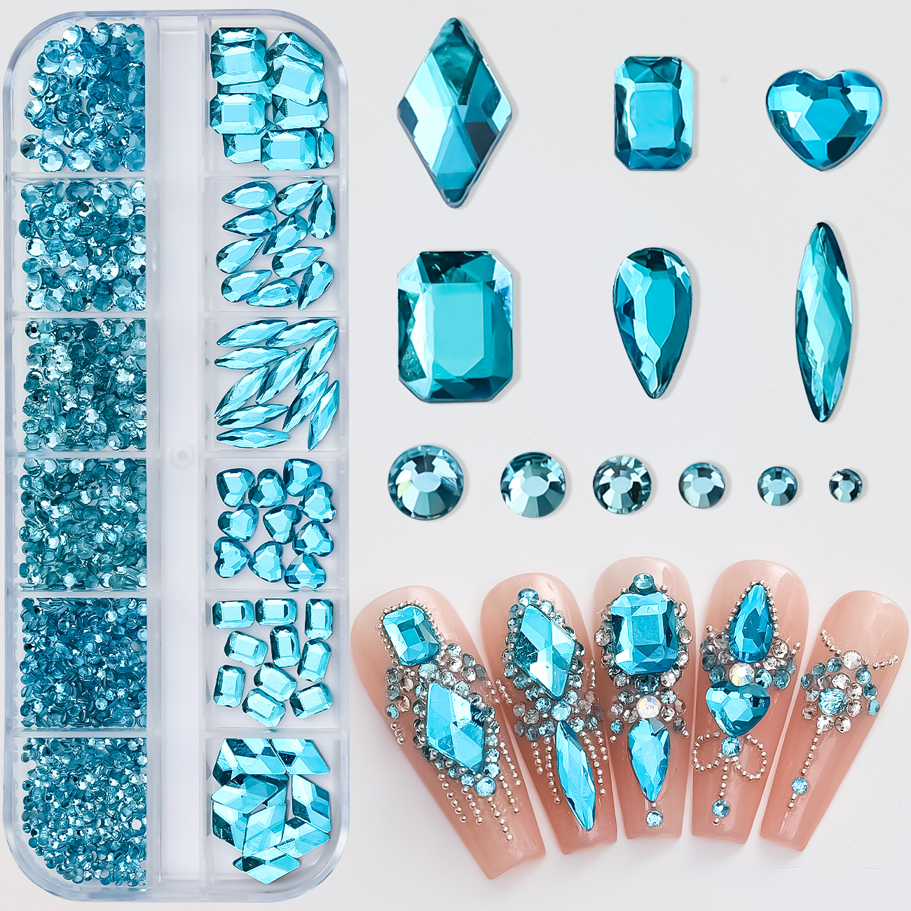 SS4-SS16 Lake Blue Luxury Dimond Nail Jewelry 3D Mixed-Shape Shinying Crystal Nail Rhinestone 1*BoxFlat-back Blue Manicure Stone