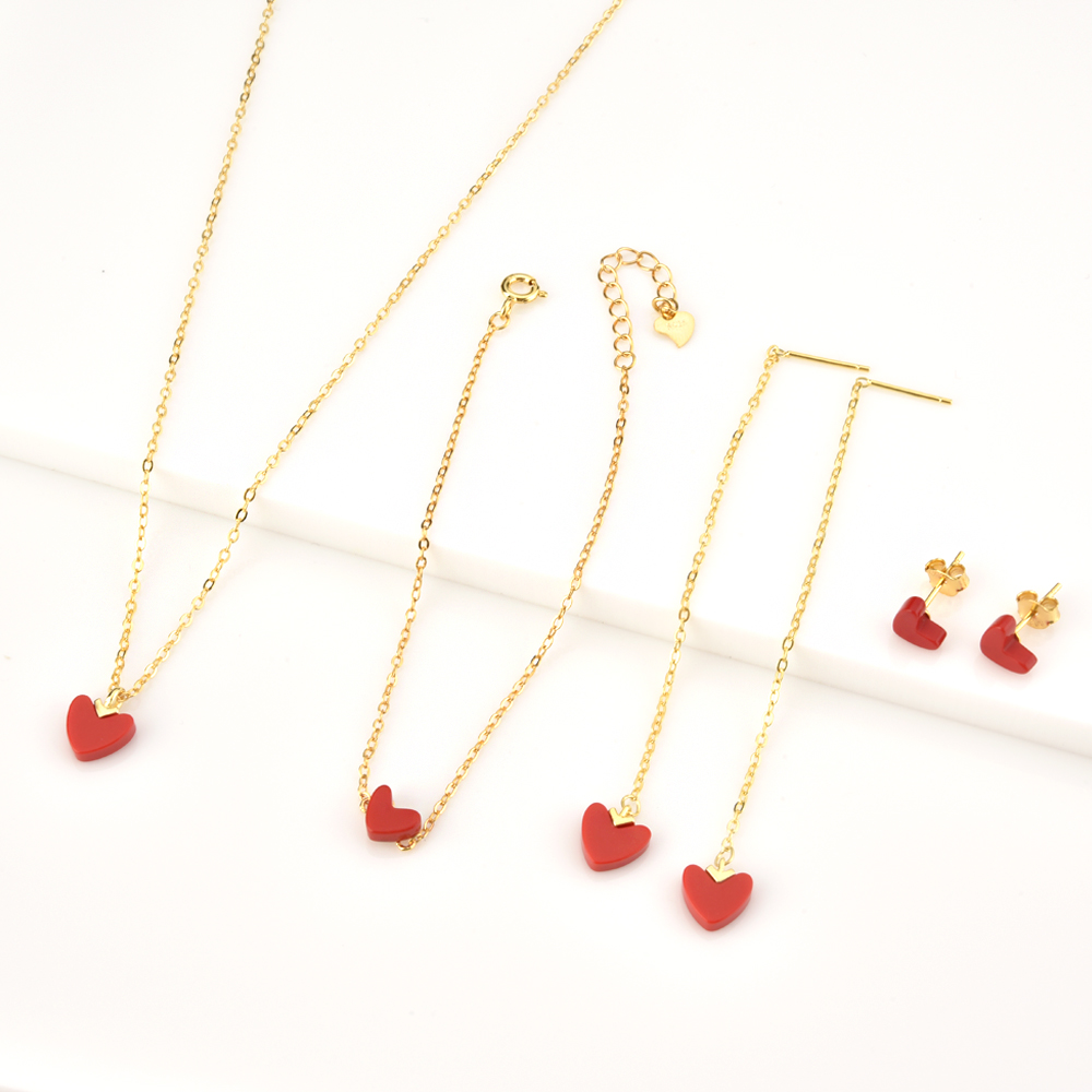 ANDYWEN 925 Sterling Silver Gold Red Heart Love Stud Earring Drop Piercing Hoops Bracelet Choker Chain Necklace Jewelry Set Gift