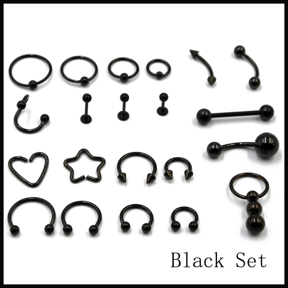 21 Pcs Horseshoe Circular Bead Closer Ring Tongue Barbell Ear Cartilage Tragus Belly Navel Labret Ring Set Body Piercing Jewelry