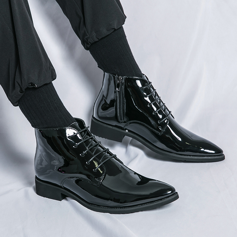 Luxury Men High Top Ankle Boots Stylish Chelsea Boots Men Breathable Patent Leather Formal Shoes Plus Size 38-47Men Hip Hop Shoe