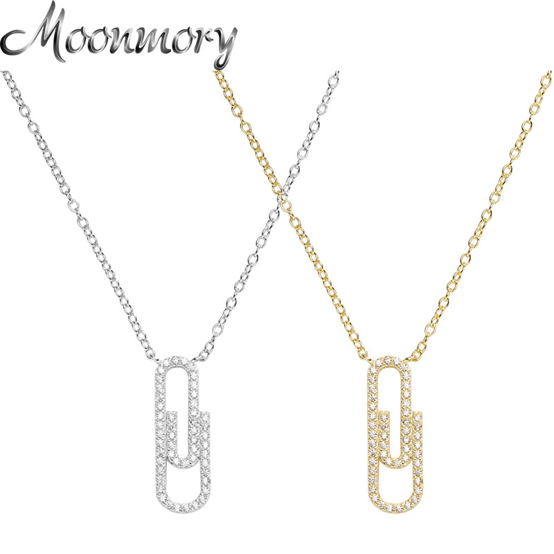 Moonmory 100% 925 Sterling Silver Crystal Paperclip Pendant Necklace For Women Fine Neck Chain Adjustable Jewelry Christmas Gift
