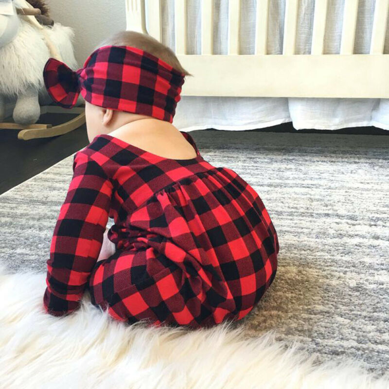 Christmas Newborn Baby Girls Plaid Romper Bodysuit Jumpsuit Headband Outfits Clothes 2021 New Fashion