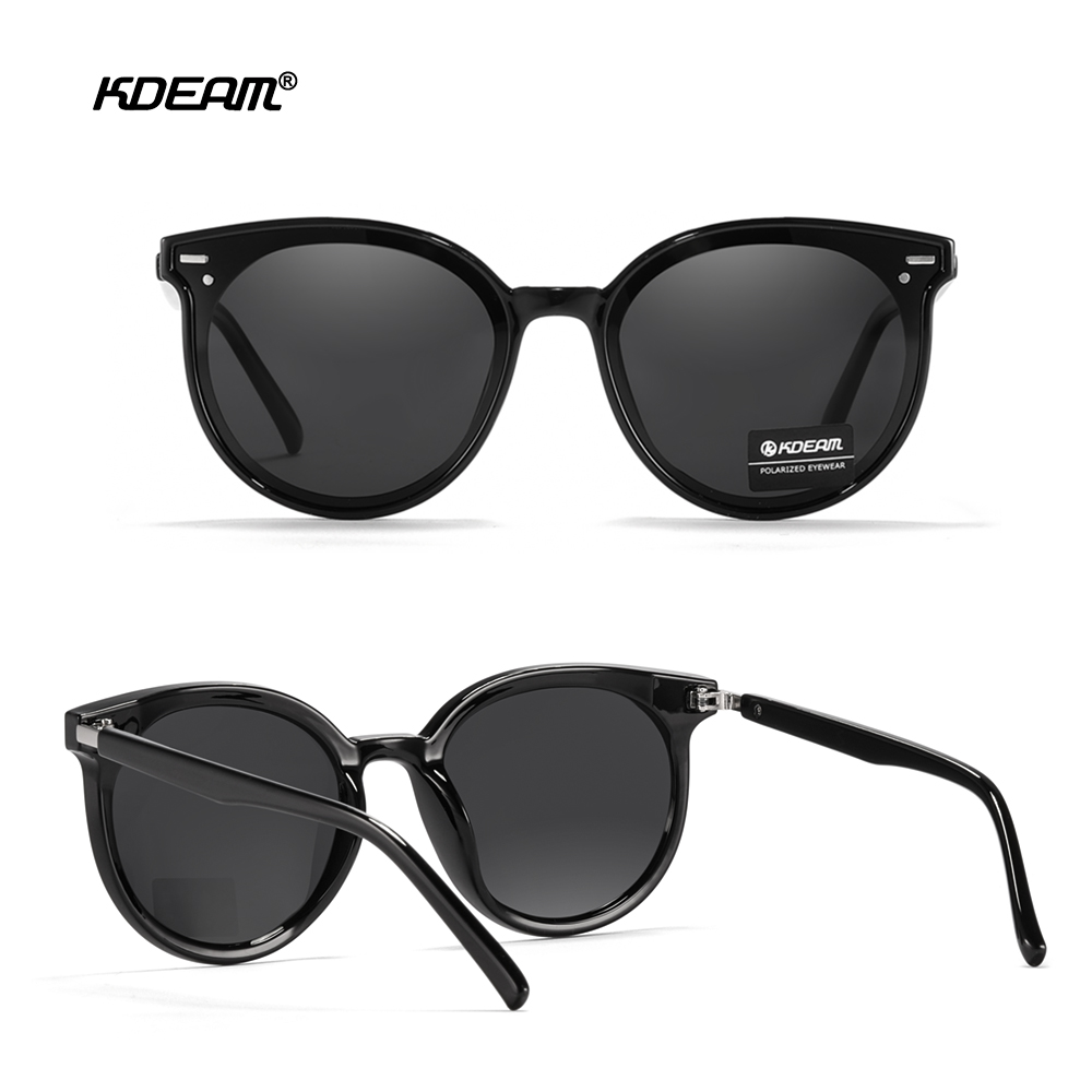 KDEAM Soft TR90 Material Women Sunglasses Cat Eye Polarized UV400 Mirror Sun Glasses Round Black Shades With Leather Case