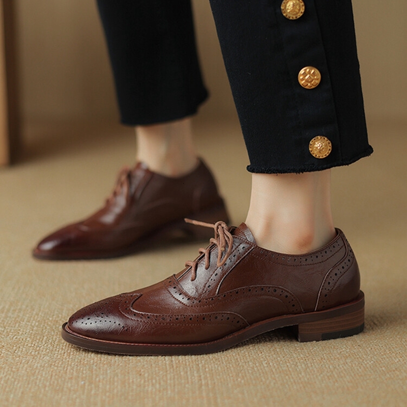 NEW Spring/Autumn Oxfords Split Leather For Women Brogues Vintage Lace Up Loafers Handmade Black Plus Size Shoes