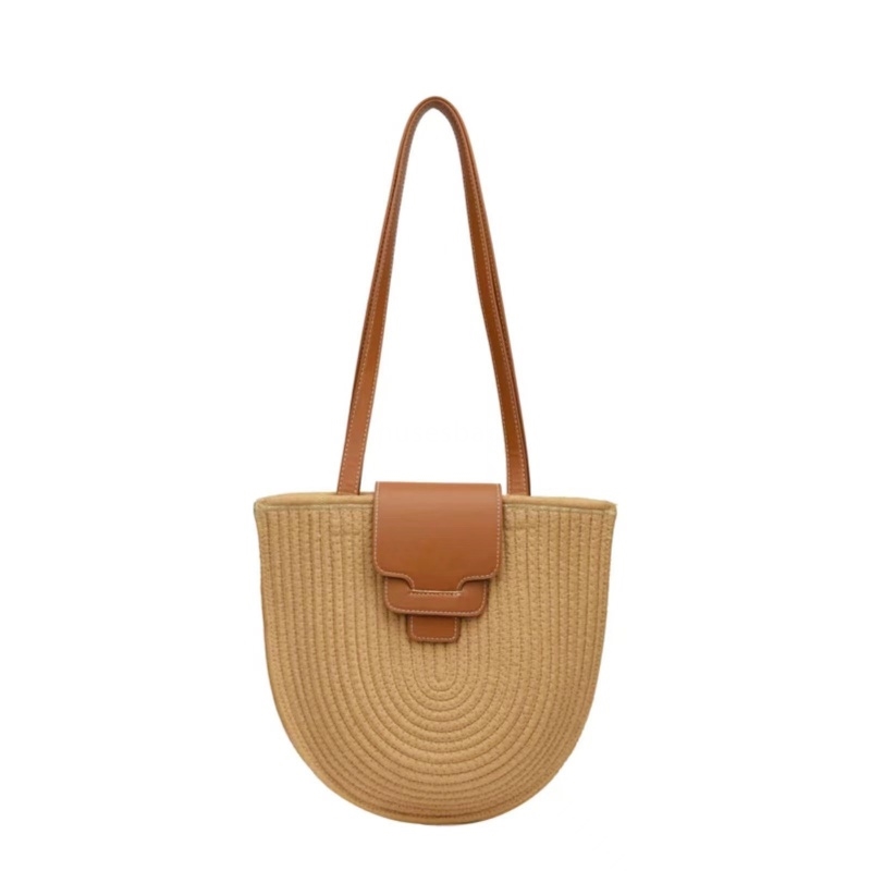 High quality women's designer French grass woven bag, half round underarm single shoulder diagonal cross small bag versatile vacation long should