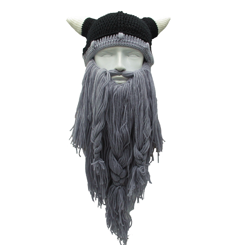 Men's Barbarian Vagabond Viking Beard Beanie Horn Hats Handmade Winter Warm Birthday Cool Gifts Funny Gag Halloween Hip Hop Cap