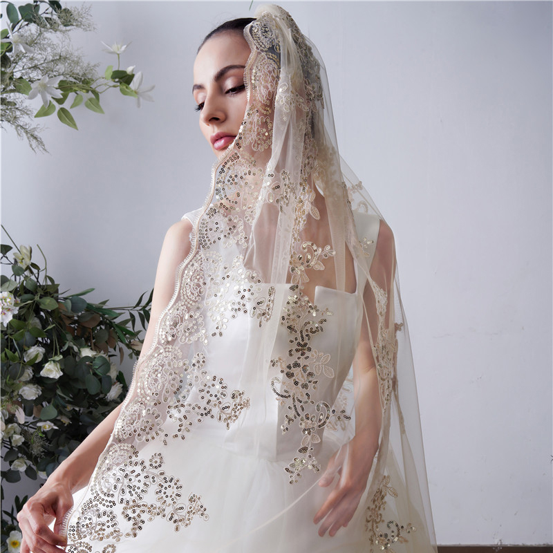 Luxury 3M Lace Edge Champagne Bridal Wedding Veils One-layer Sequin Appliqued Full Lace Adult Cathedral Veil Accessoires Mariage