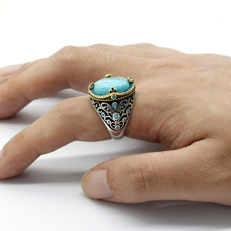 New Men's Vine Ring 925 Sterling Silver Natural Turquoise Anchor Ring Retro Antique Turkish Handmade Jewelry Husband Gift