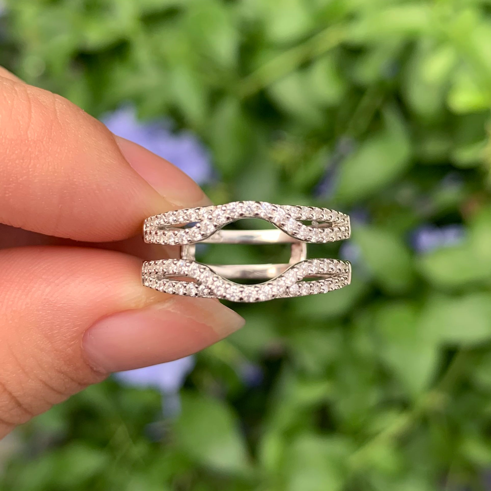 Newshe Solid 925 Sterling Silver Hollow Wedding Rings Enhancer For Women Round White AAAAA CZ Infinity Wrap Guard Band Jewelry