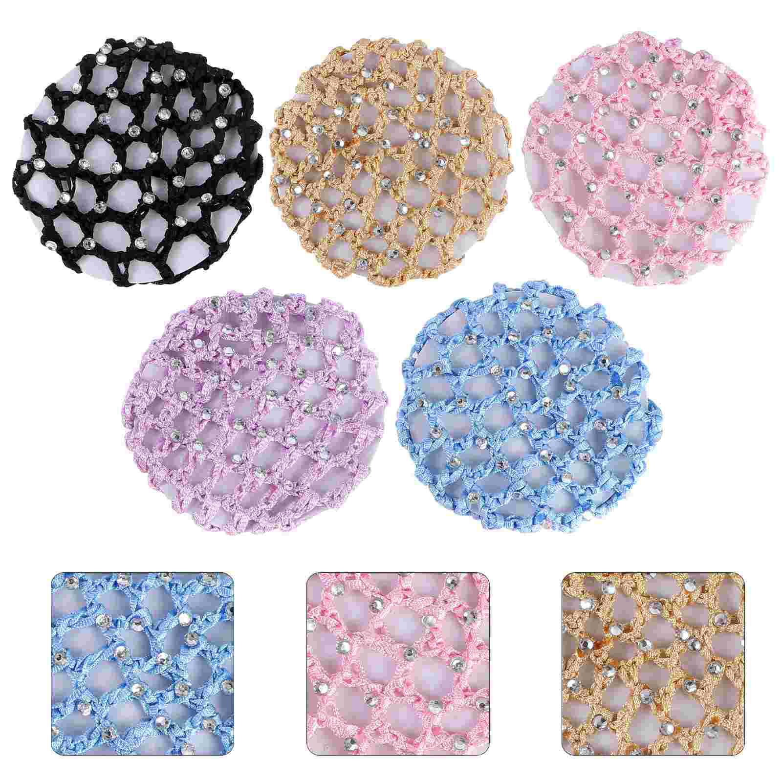 Hair Bun Cover Ballet Bun Cover Rhinestone Bun Hair Nets Crochet Snood Hair Net for Ballet Dance Skating Performance, 5PCS