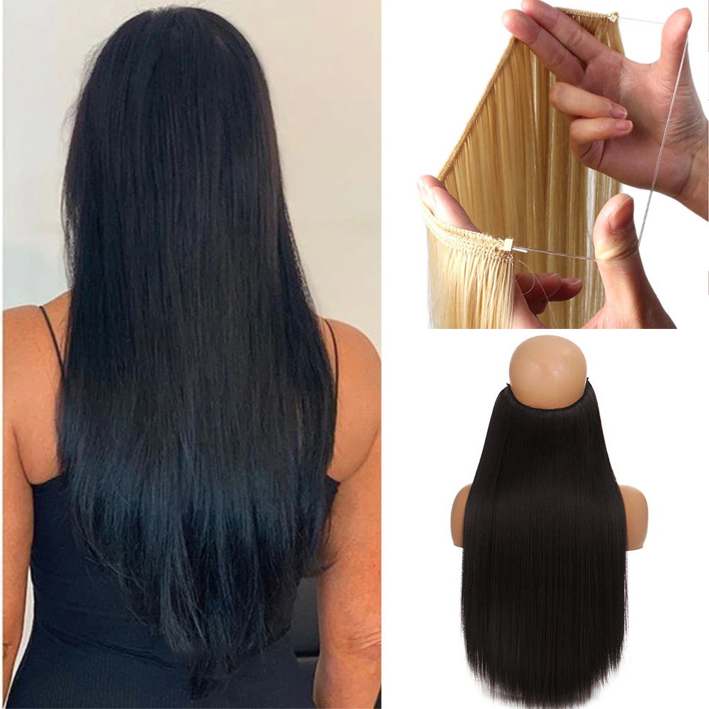 WIGSIN Synthetic Long Straight Hair Extensions No Clip Hairpiece Blonde Black Women's Fish Line Fake Hairpiece Extension