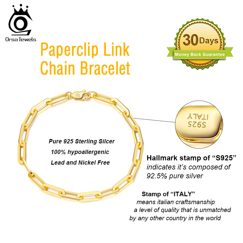 ORSA JEWELS Gold Plated Genuine Sterling Sier Paperclip Link Chain for Women Men 7, 8, 9 Inches Bracelet SB109