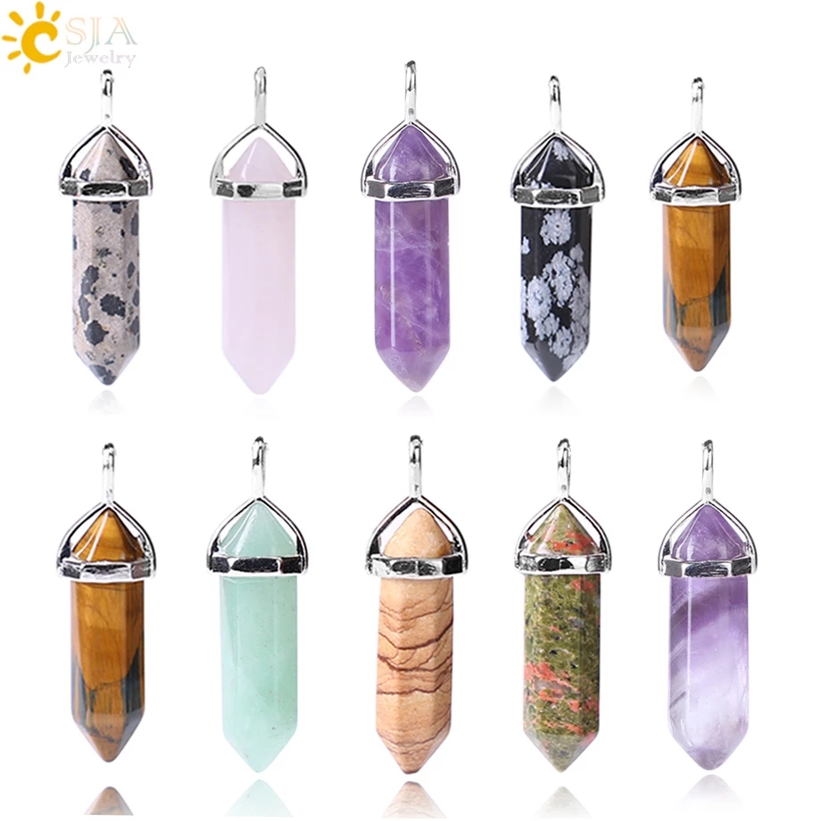 CSJA Bullet Natural Stone Pendant Real Purple Crystal Men Women Chakra Gem Stones Quartz Aventurine Pendants Jewelry E001
