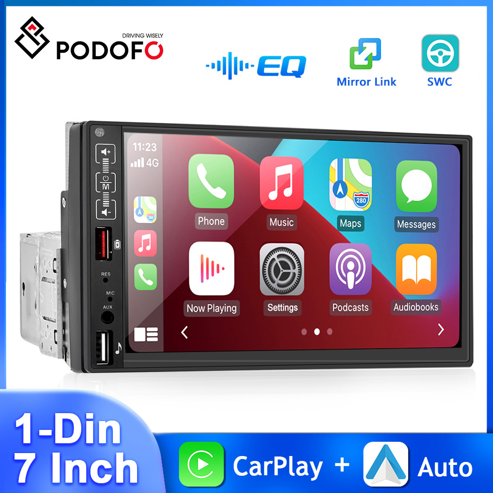 Podofo 7" 1Din Car Radio LCD Multimedia Video Player Bluetooth Mirror Link Carplay Android Auto Rear View Camera Audio Stereo