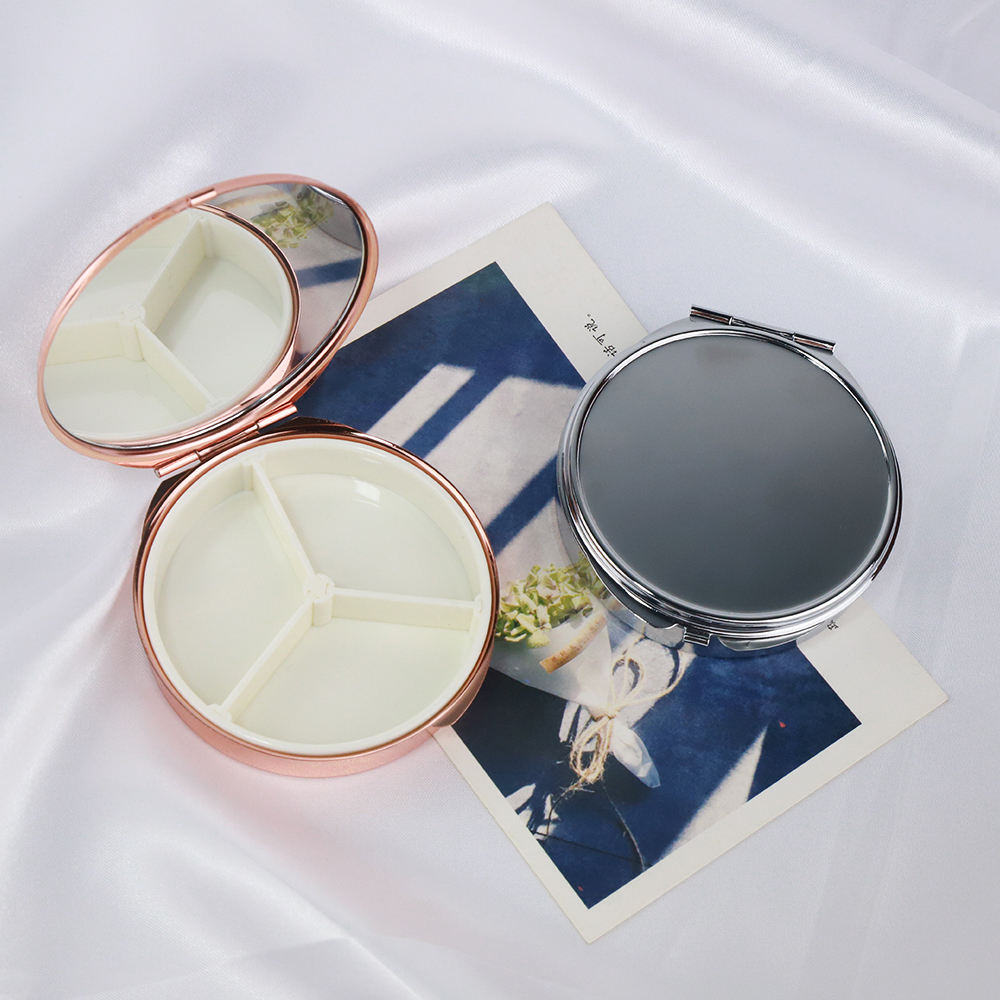 1pcs 68mm Round Pill Box with Mirror Blank Compartment Three Days Pill Box Container Drug Holder Medicine Tablet Pill Box