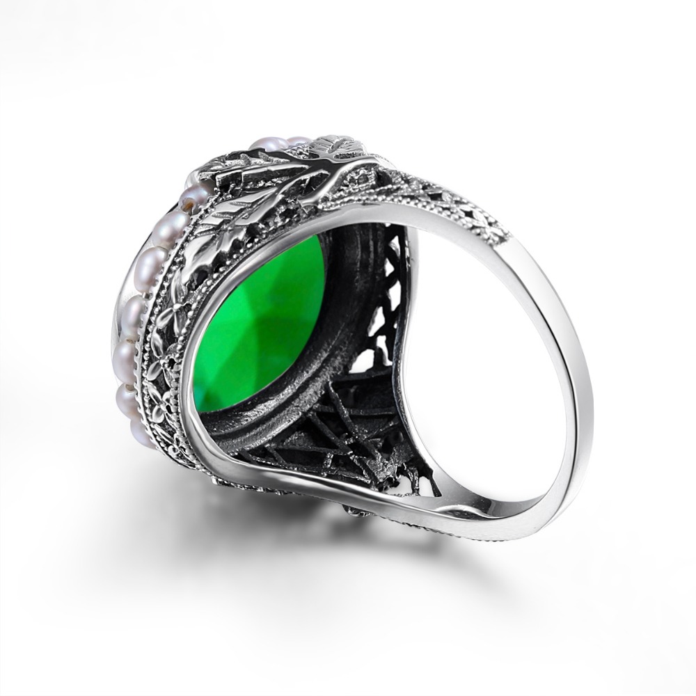 Szjinao Ring silver Ring 925 Plain Natural Pearl Gemstone Rings For Women Emerald Green Stone Lace Vintage Engagement Sieraden