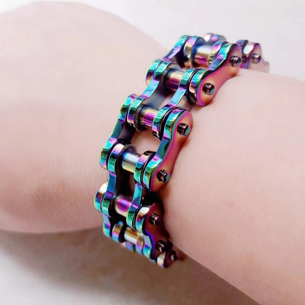 18mm Heavy Punk Rock Men Rainbow Blue Bike Biker Motorcycle Chain Bracelet Jewelry Women Titanium Steel Bicycle Bracelet Bangle