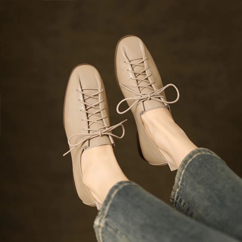 NEW Spring/Autumn Loafers Genuine Leather For Square Toe Chunky Women Pumps Lace-Up Low Heel Shoes