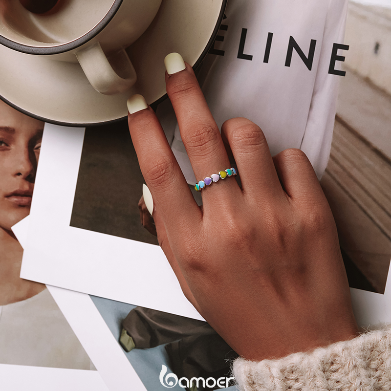 Bamoer 925 Sterling Silver Rainbow Series Heart to Heart Ring & Earrings Jewelry Set for Women Fine Jewelry Gift