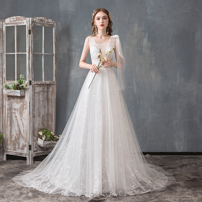 2019 Vestidos De Novia Lace Wedding Dresses Shoulder Applique for Women T-shirt Clothing Short Sleeve Vintage Wedding Back Butto