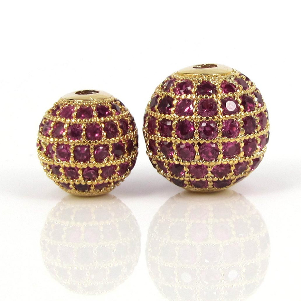 6mm 8mm 10mm 12mm Mixed Gold Silver Black Color & Micro Pave Fuchsia CZ Metal Round Bead For Bracelets Making Jewelry DIY Beads