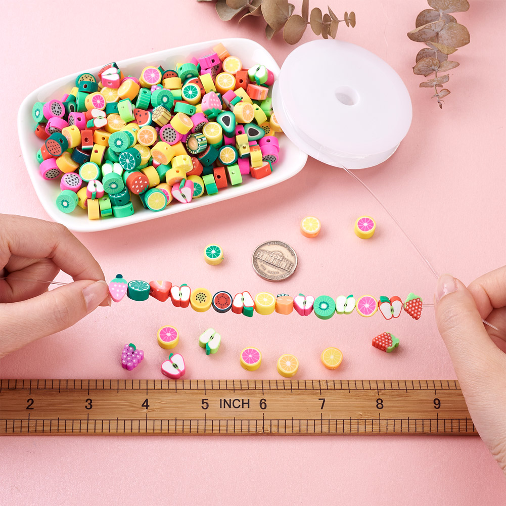400Pcs 2 Style DIY Stretch Bracelet Making Kits With Handmade Polymer Clay Beads Fruit Theme 1 Roll Elastic Crystal Thread