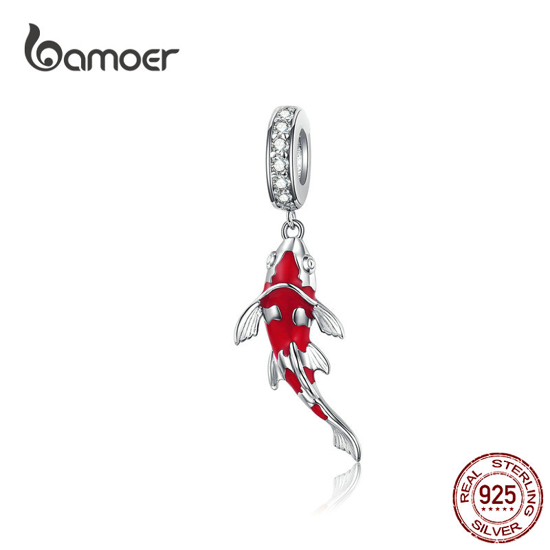 Bamoer 925 Sterling Silver Red Enamel Fish Pendant Lucky Koi Dangle Charm Fit Women Bracelet Necklace DIY Fine Jewelry BSC085