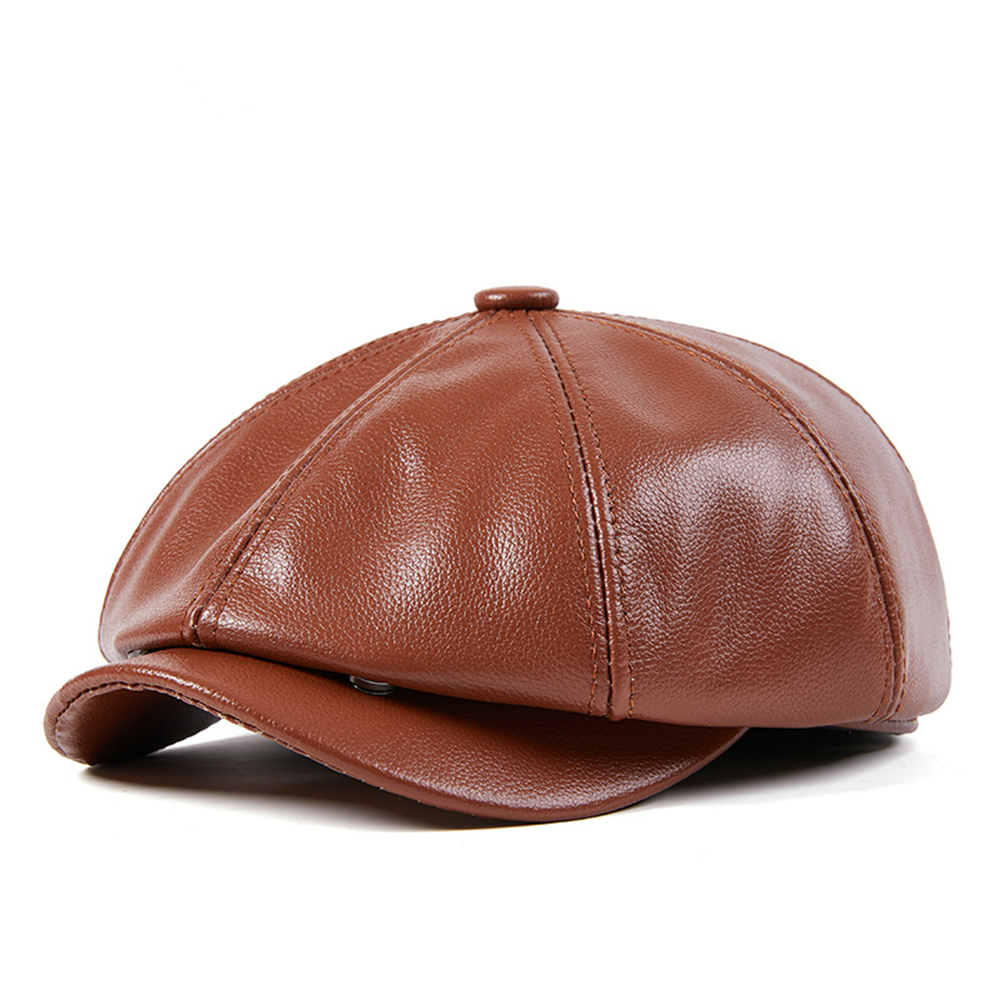 Genuine Leather Newsboy Cap Men High Quality Octagonal Hat Autumn Winter Beret Real Cowskin Flat Cap