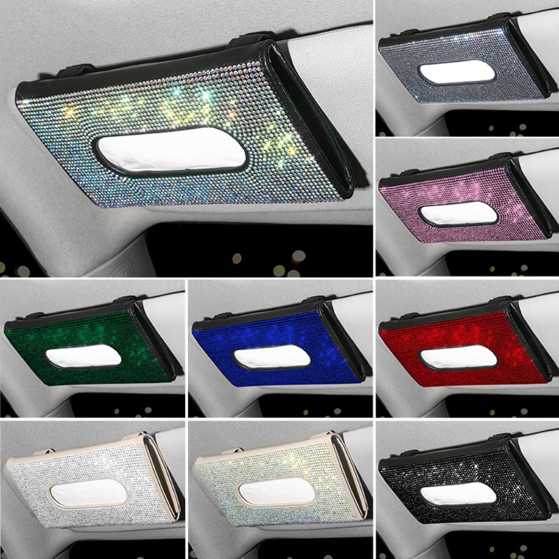 Bling Car Sun Visor Tissue Box Holder Rhinestone Leather Crystal Sparkling Napkin Holder Car Accessories for Women