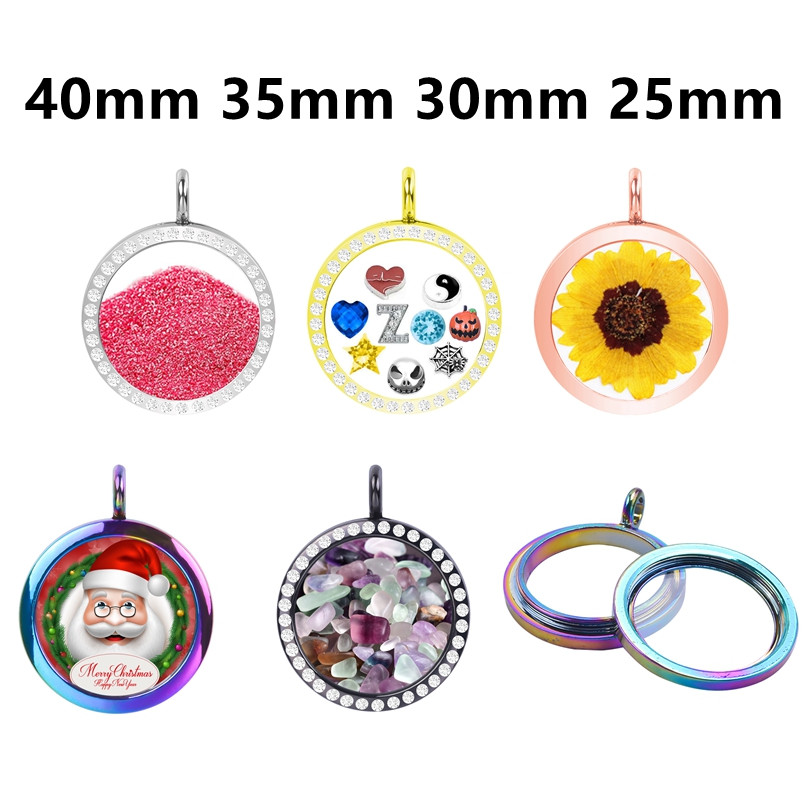 10PC/lot 40/35/30/25mm plain silver gold rose black rainbow color twist screw glass floating locket charms Alloy living locket