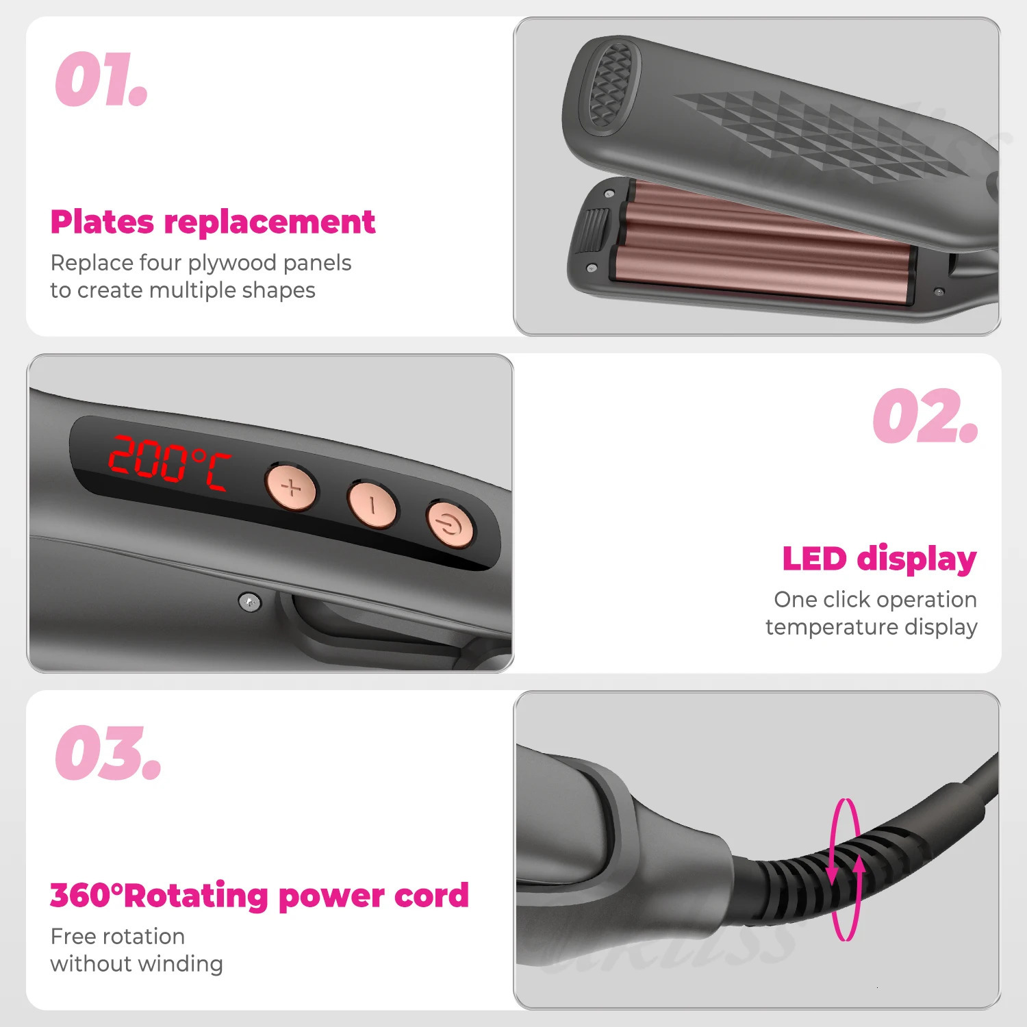 Hair Crimper with 4 Interchangeable Plates Negative Ion Hair Curler Volumizing Hair Iron Fluffy Curling Iron Hair Straightener 240619