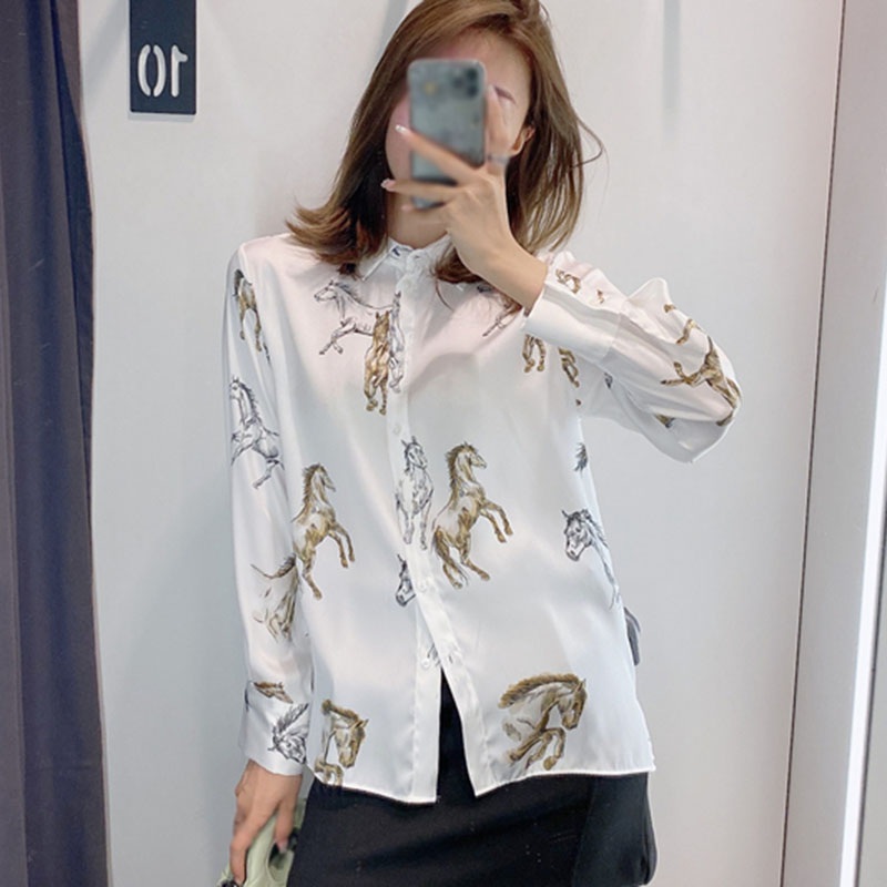 Chic Animal Horse Print Women Long Sleeve Shirt Spring Retro Hong Kong Style Design Niche Satin Blouse