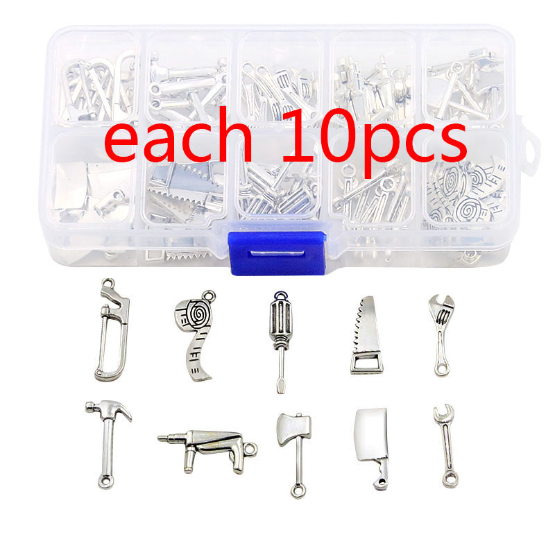 1Set 100Pcs/Lot 2Color 10Styles Hammer Saw Axe Charm Tool Pendant Kit With Box Material For DIY Jewelry Necklace Bracelet Making