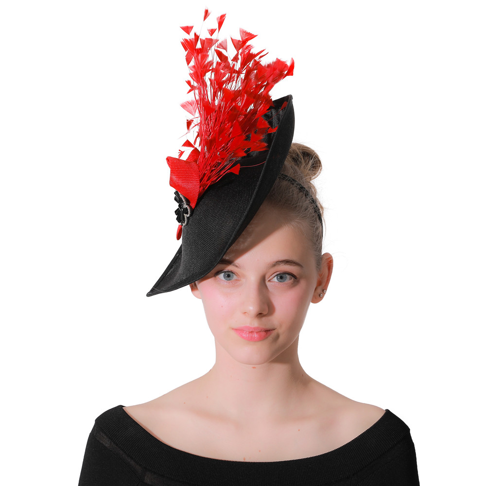 Elegant Women Church Cocktail Fascinator Hat Hair Accessories Wedding Ladies Millinery Cap Lady Red Feathers Wedding Headpiece