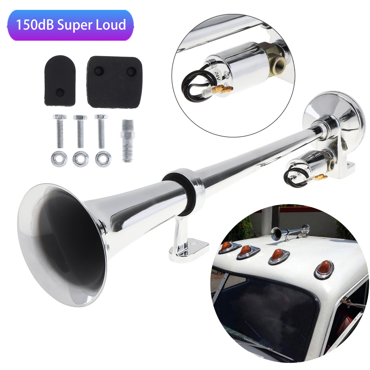 17 Inch 12V 24V 150dB Car Air Horn Super Loud Single Trumpet Air Horn Compressor for Truck Boat Train Lorry Vehicles