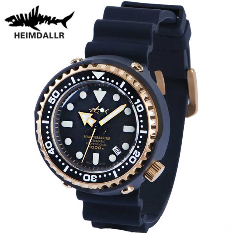 HEIMDALLR Men's Tuna Diving Watch 1000M Waterproof Golden Plated Black PVD Coated Case NH35A Automatic Mechanical Dive Watch