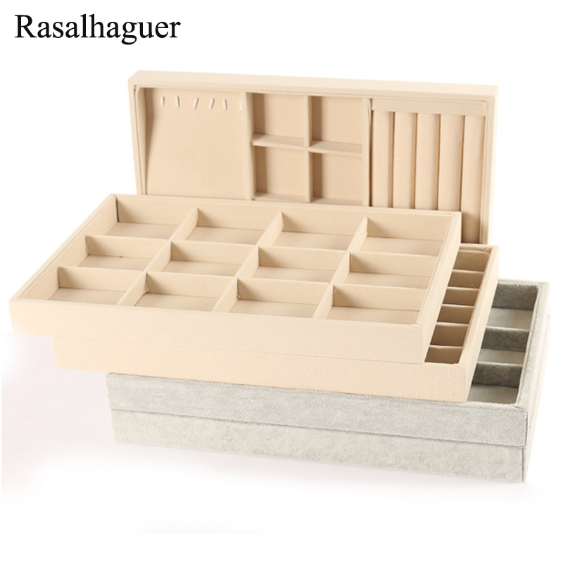High Quality Beige Jewellery Storage Box Watch Holder Necklaces Rings Earrings Pendants Women Stand Series Velvet Jewelry Tray
