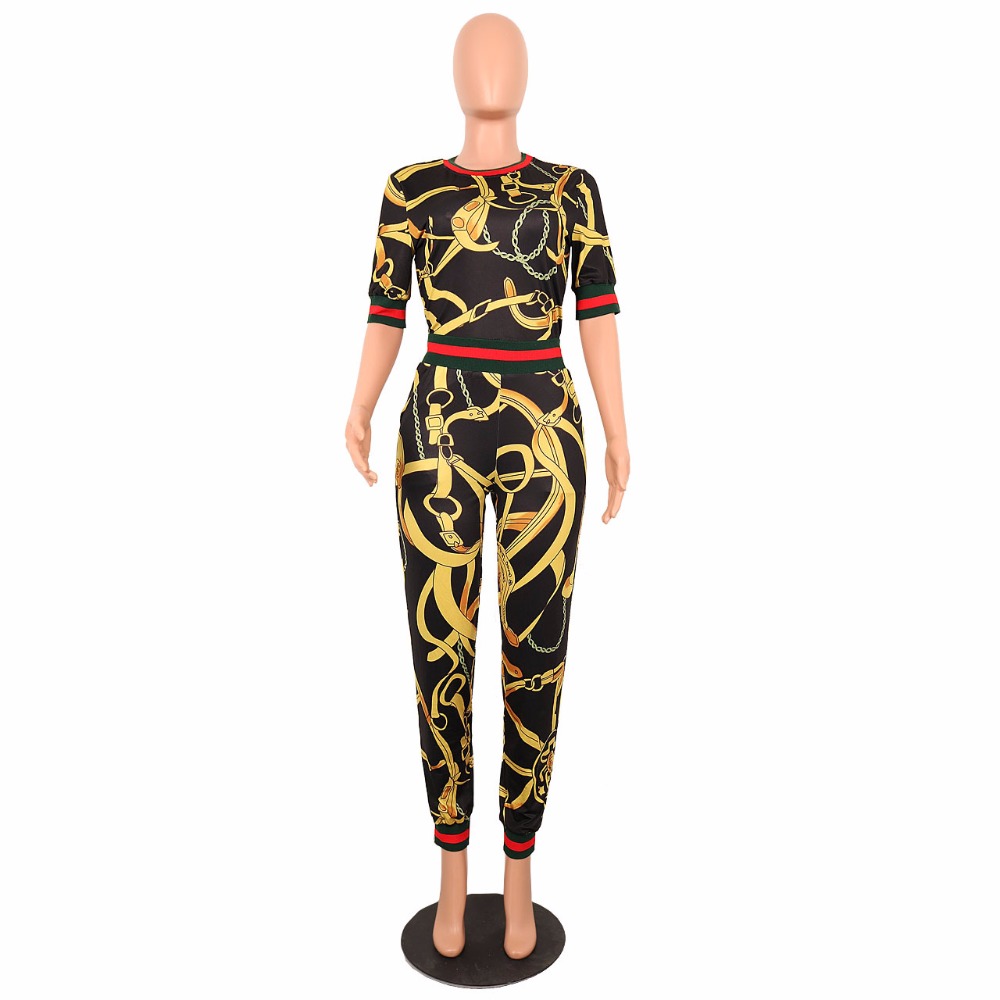 JRRY New Casual Two Pieces Print Women Jumpsuit Short Sleeve Top Skinny Long Pants Ladies Jumpsuit Plus Size 3XL