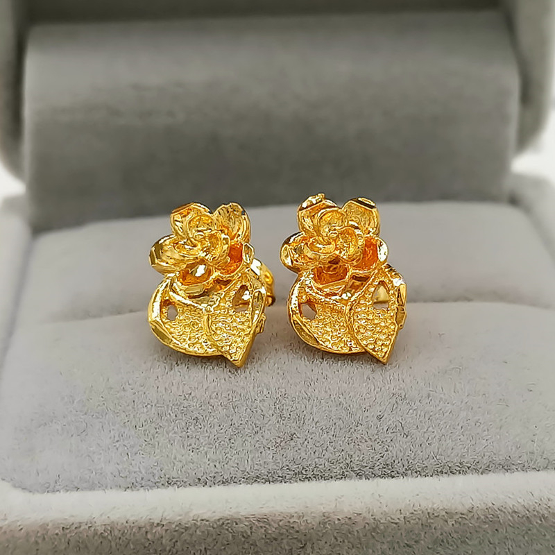 24K Gold GP Stud Earrings For Women African Gold Color Flower Earing Brincos Femme Pendientes Oorbellen Wedding Jewelry Bijoux