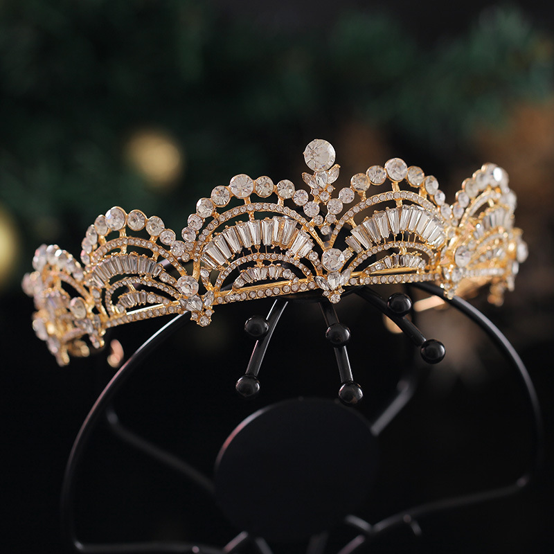 Baroque Retro Gold Color Geometric Crystal Bridal Tiaras Crown Rhinestone Pageant Diadem Bride Headband Wedding Hair Accessories