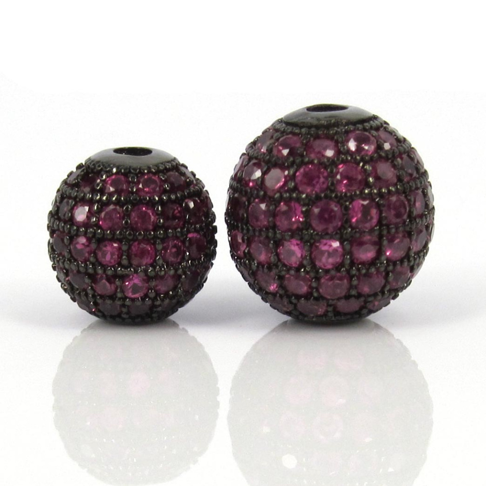 6mm 8mm 10mm 12mm Mixed Gold Silver Black Color & Micro Pave Fuchsia CZ Metal Round Bead For Bracelets Making Jewelry DIY Beads