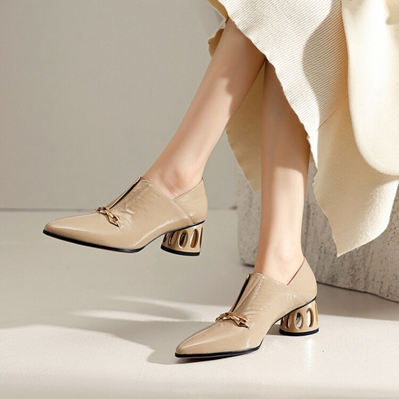 NEW Spring/Autumn Pumps Split Leather For Pointed Toe Round Women Slip-On High Heel Chain Shoes